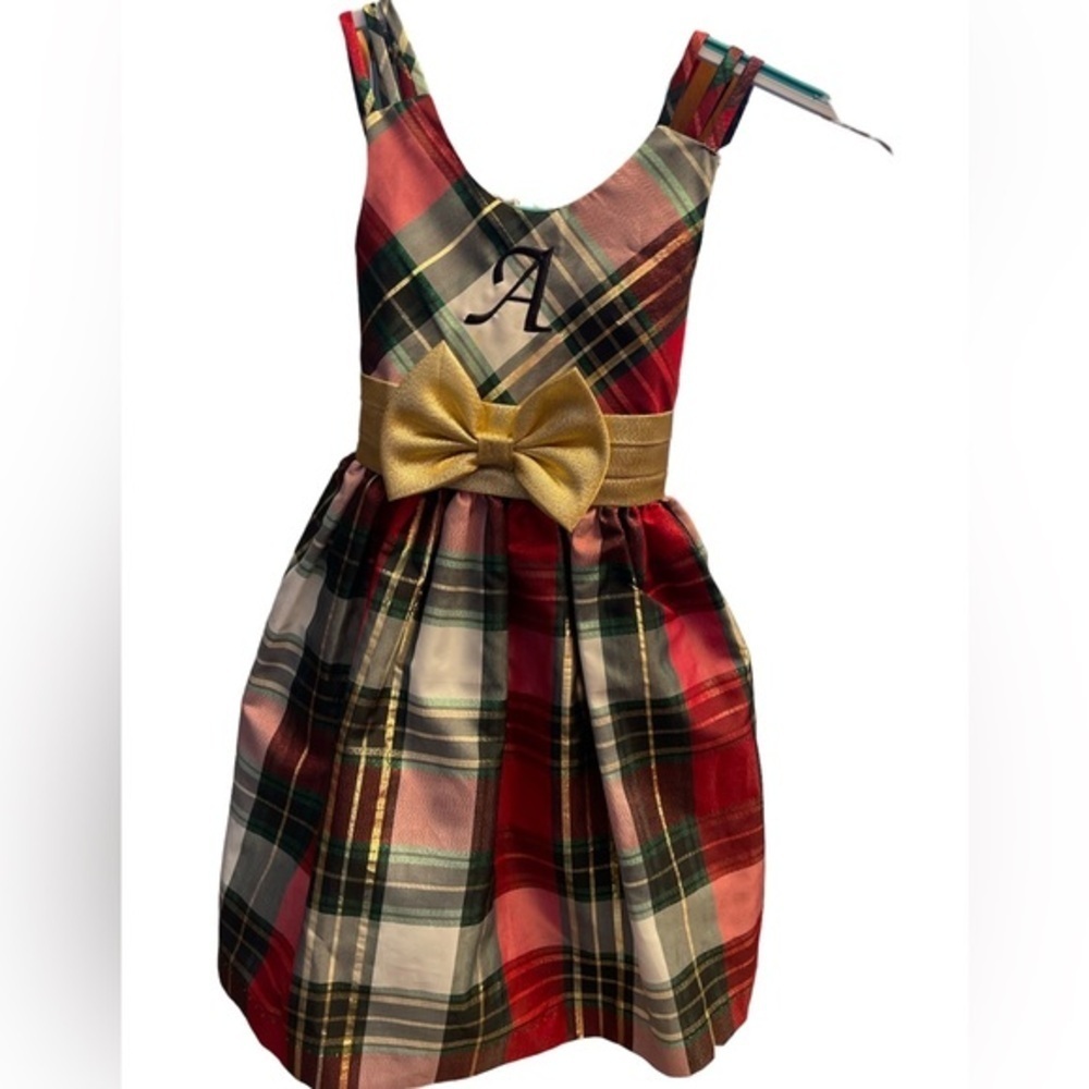 Bonnie Jean sleeveless plaid Christmas dress. Size 4, w/ The initial A.